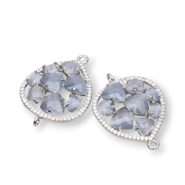 Connecteur en forme de larme en laiton avec oeil de chat et zircons intégrés 25x34mm 4pcs gris rhodium