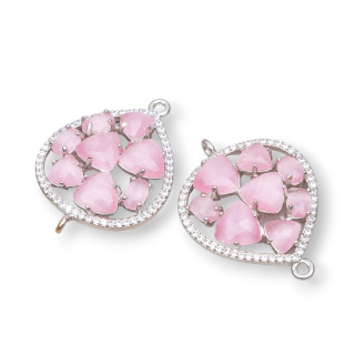 Conector Componente Latón Lágrima Con Ojo De Gato Incrustado Y Circonitas 25x34mm 4pcs Rodio Rosa Intenso