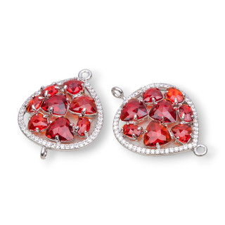 Teardrop Brass Component Connector with Cat's Eye Set and Zircons 25x34mm 4pcs Red Rhodium Plated