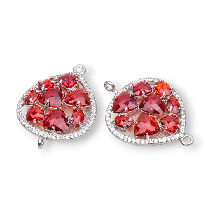 Teardrop Brass Component Connector with Cat's Eye Set and Zircons 25x34mm 4pcs Red Rhodium Plated