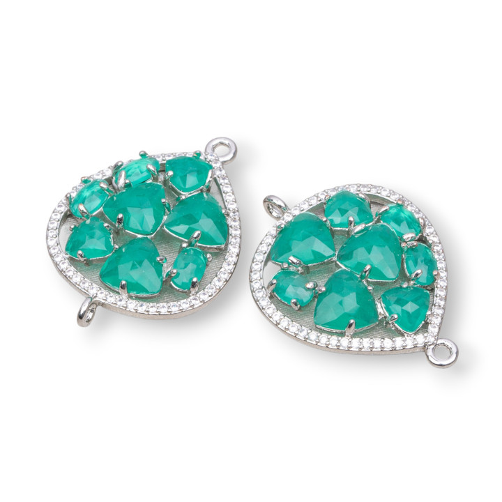 Brass Component Connector Teardrop with Cat's Eye Set and Zircons 25x34mm 4pcs Rhodium Plated Transparent Green