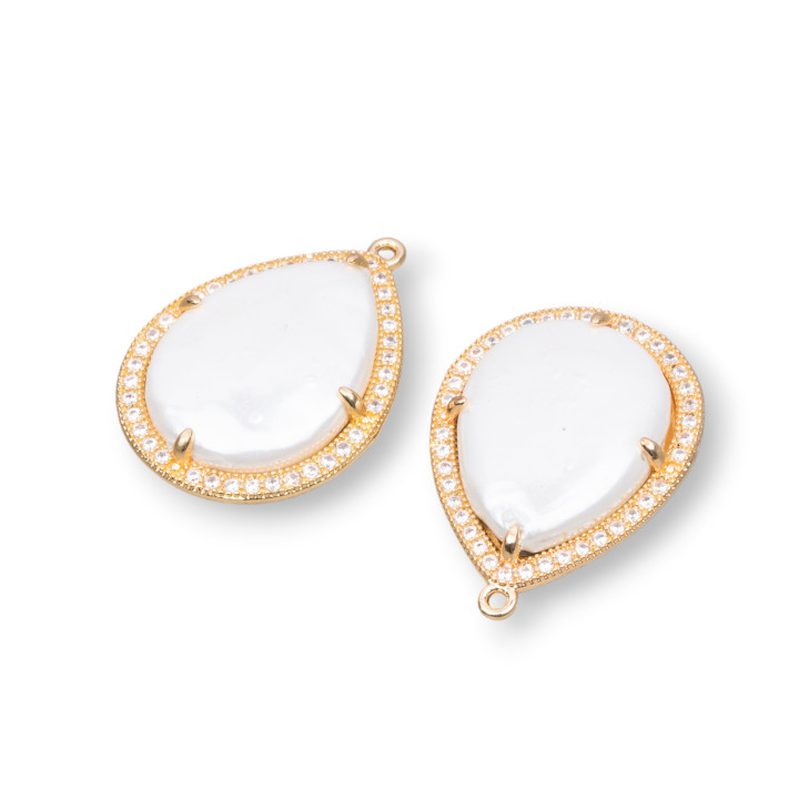 Connecteur Larme Laiton Avec Zircons Et Perle De Majorque Sertie De 1 Anneau 20x25mm 6pcs