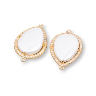 Connecteur Larme Laiton Avec Zircons Et Perle De Majorque Sertie De 2 Anneaux 20x25mm 6pcs