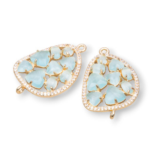 Brass Component Connector Mango with Cat's Eye Set and Zircons 23x35mm 4pcs Golden Aqua