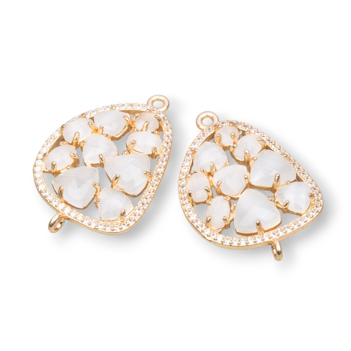 Brass Component Connector Mango with Cat's Eye Set and Zircons 23x35mm 4pcs Golden White