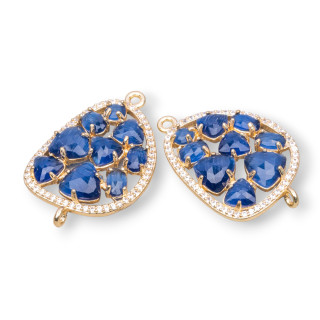 Mango Brass Component Connector with Set Cat's Eye and Zircons 23x35mm 4pcs Golden Sapphire Blue