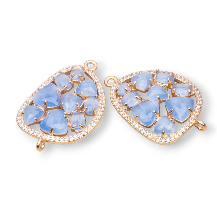 Brass Component Connector Mango with Cat's Eye Set and Zircons 23x35mm 4pcs Golden Light Blue