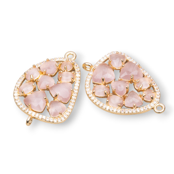 Σύνδεσμος εξαρτημάτων Mango Brass with Set Cat's Eye and Zircons 23x35mm 4τμχ Χρυσή Πούδρα