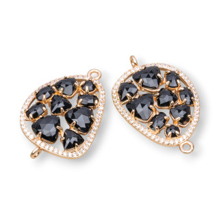 Brass Component Connector Mango with Cat's Eye Set and Zircons 23x35mm 4pcs Golden Black