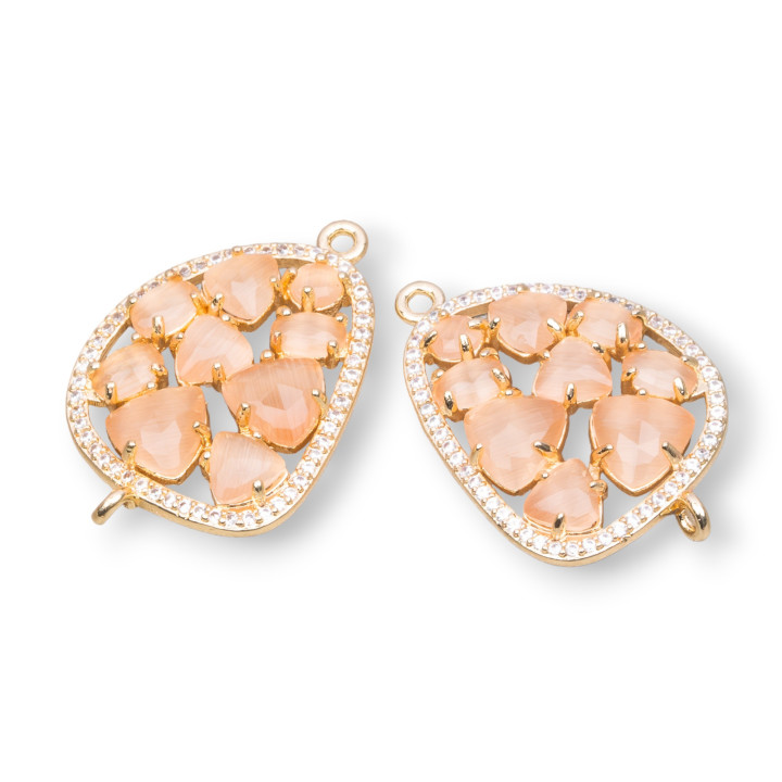 Brass Component Connector Mango with Cat's Eye Set and Zircons 23x35mm 4pcs Golden Peach