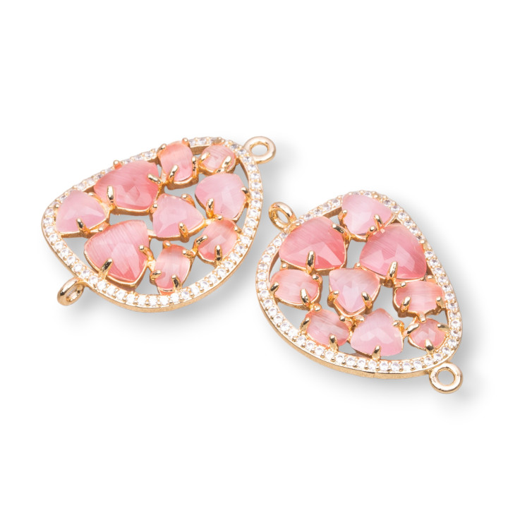 Connettore Componente Di Ottone A Mango Con Occhio Di Gatto Incastonato E Zirconi 23x35mm 4pz Dorato Rosa Intenso