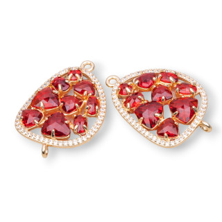 Connettore Componente Di Ottone A Mango Con Occhio Di Gatto Incastonato E Zirconi 23x35mm 4pz Dorato Rosso