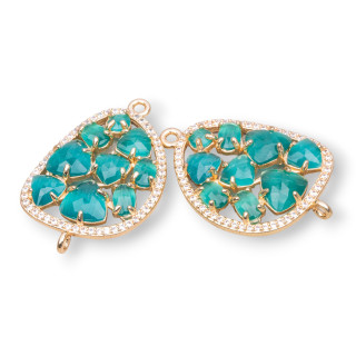 Mango Brass Component Connector with Set Cat's Eye and Zircons 23x35mm 4pcs Golden Emerald Green