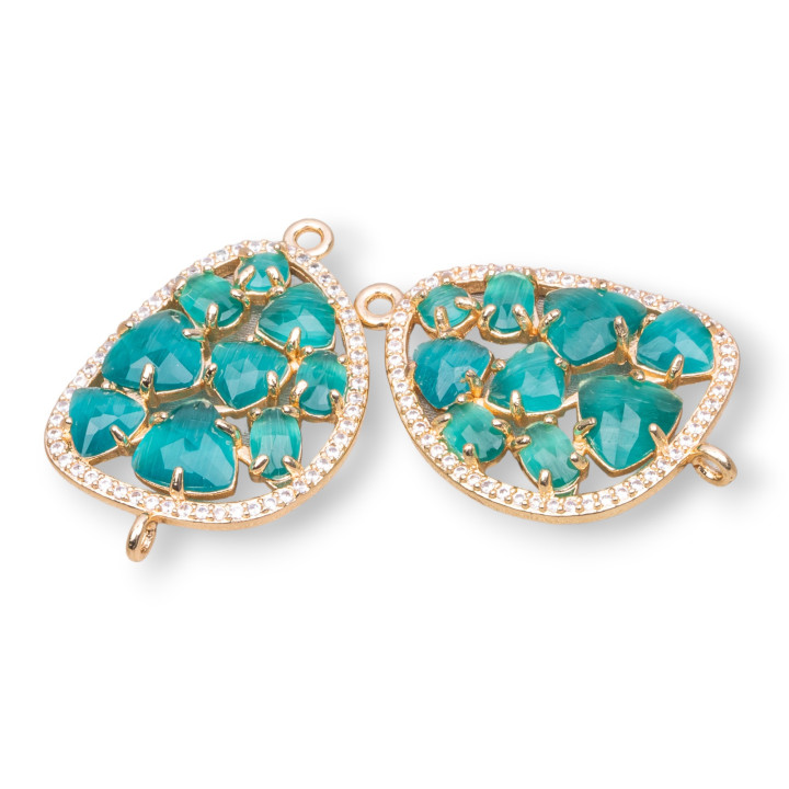 Mango Brass Component Connector with Set Cat's Eye and Zircons 23x35mm 4pcs Golden Emerald Green