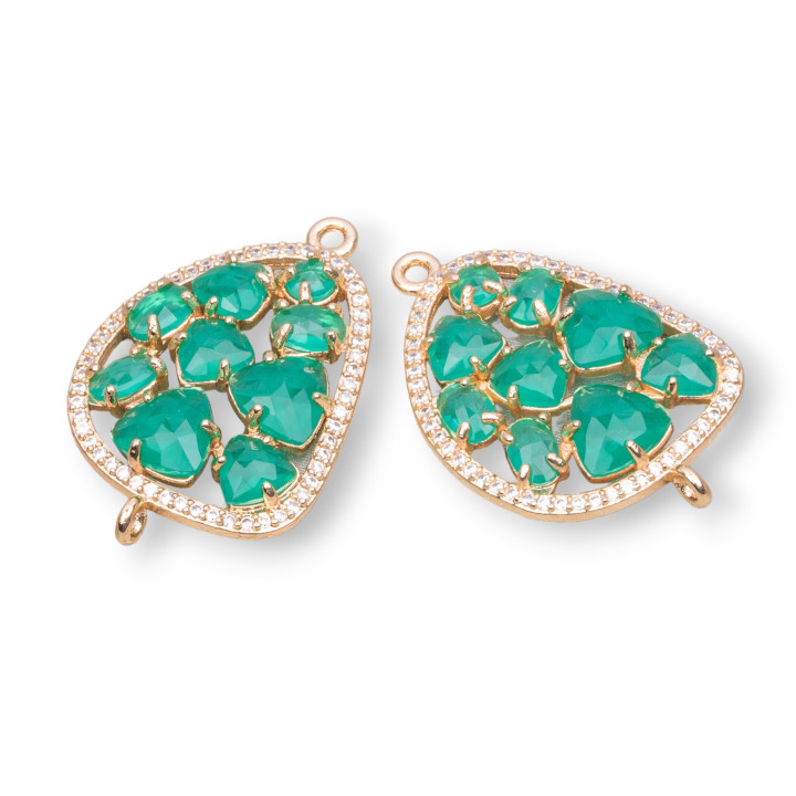 Brass Component Connector Mango with Cat's Eye Set and Zircons 23x35mm 4pcs Golden Green Transparent