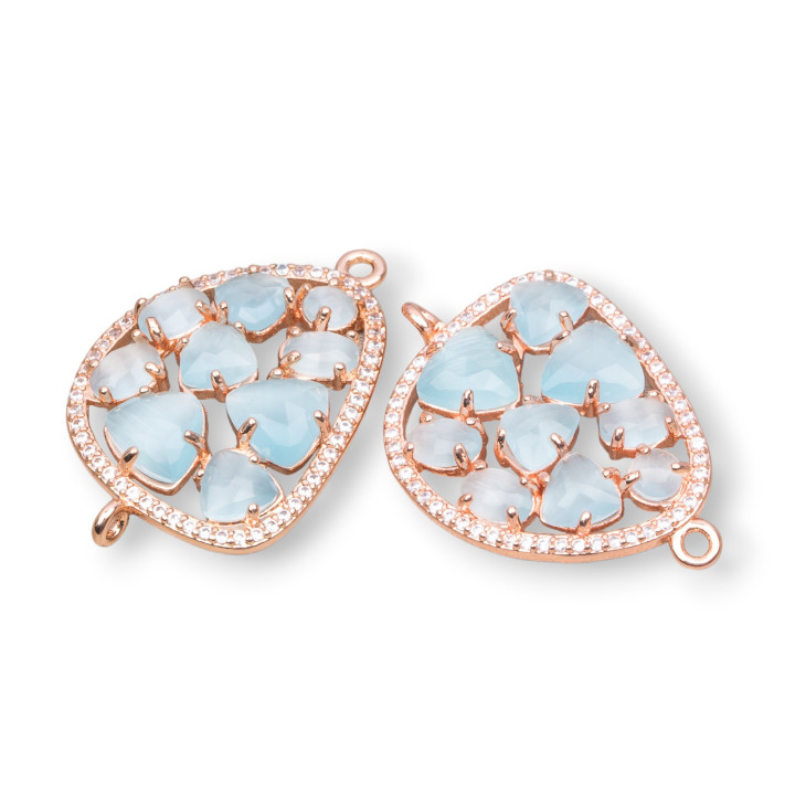 Mangue Connecteur Composant Laiton Avec Oeil De Chat Et Zircons Intégrés 23x35mm 4pcs Or Rose Aqua
