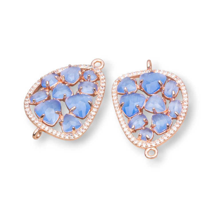 Connettore Componente Di Ottone A Mango Con Occhio Di Gatto Incastonato E Zirconi 23x35mm 4pz Oro Rosa Azzurro