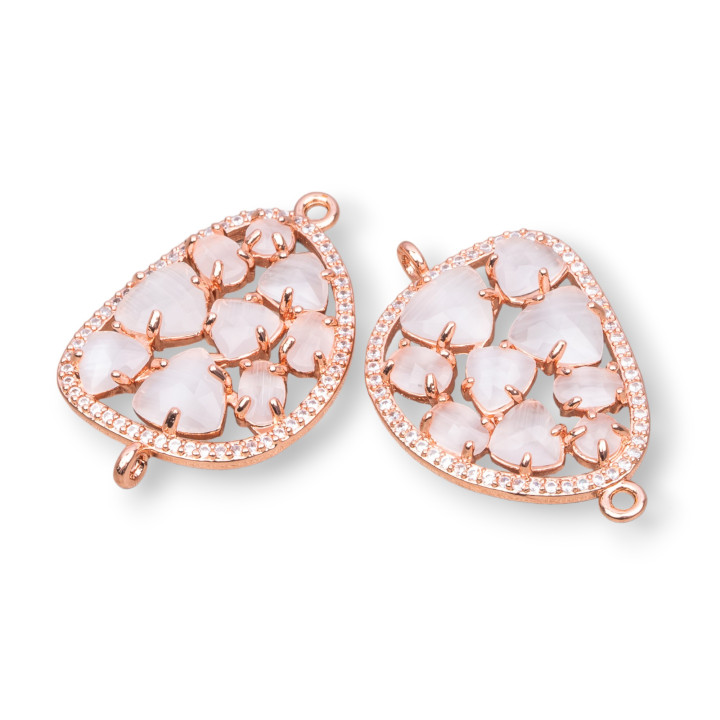 Mangue Connecteur Composant Laiton Avec Oeil De Chat Et Zircons Intégrés 23x35mm 4pcs Or Rose Blanc