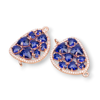 Mango Brass Component Connector with Cat's Eye Set and Zircons 23x35mm 4pcs Rose Gold Blue Transparent
