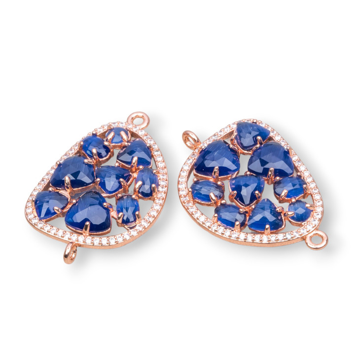Conector de componente de latón de mango con ojo de gato y circonitas incrustadas 23x35 mm 4 piezas Zafiro azul de oro rosa