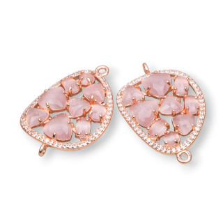 Connettore Componente Di Ottone A Mango Con Occhio Di Gatto Incastonato E Zirconi 23x35mm 4pz Oro Rosa Cipria