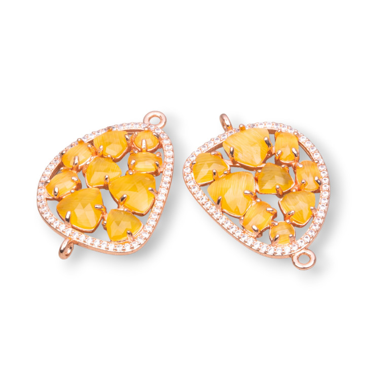 Connettore Componente Di Ottone A Mango Con Occhio Di Gatto Incastonato E Zirconi 23x35mm 4pz Oro Rosa Giallo