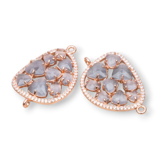 Mango Brass Component Connector with Set Cat's Eye and Zircons 23x35mm 4pcs Rose Gold Gray