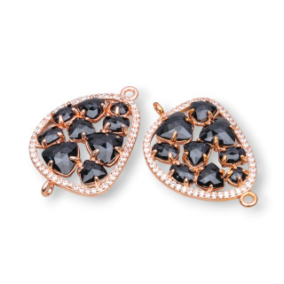 Mango Brass Component Connector with Set Cat's Eye and Zircons 23x35mm 4pcs Rose Gold Black