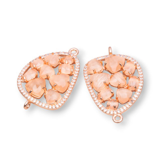 Mango Brass Component Connector with Set Cat's Eye and Zircons 23x35mm 4pcs Rose Gold Peach