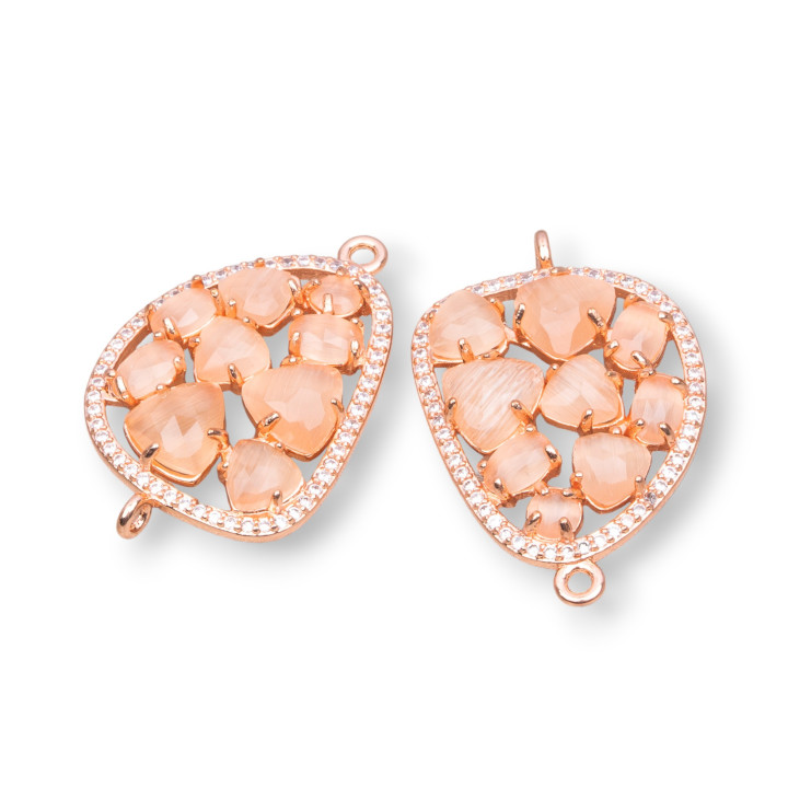 Connettore Componente Di Ottone A Mango Con Occhio Di Gatto Incastonato E Zirconi 23x35mm 4pz Oro Rosa Pesca