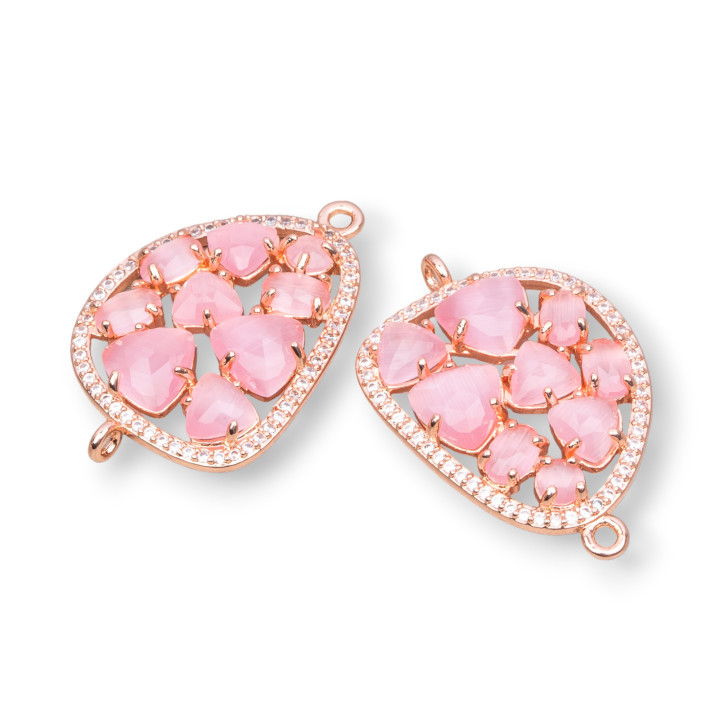 Connettore Componente Di Ottone A Mango Con Occhio Di Gatto Incastonato E Zirconi 23x35mm 4pz Oro Rosa Rosa Intenso