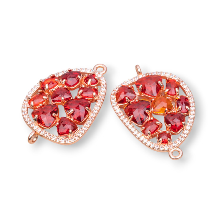 Connettore Componente Di Ottone A Mango Con Occhio Di Gatto Incastonato E Zirconi 23x35mm 4pz Oro Rosa Rosso