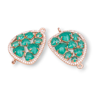 Mango Brass Component Connector with Set Cat's Eye and Zircons 23x35mm 4pcs Rose Gold Emerald Green