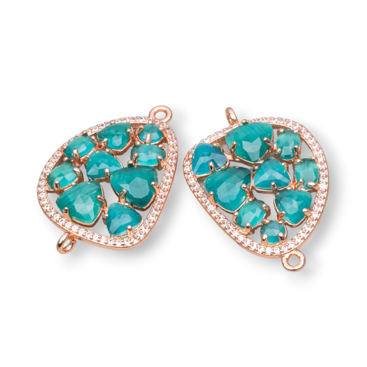 Mango Brass Component Connector with Cat's Eye Set and Zircons 23x35mm 4pcs Rose Gold Green Transparent