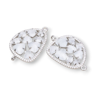 Mango Brass Component Connector with Cat's Eye Set and Zircons 23x35mm 4pcs White Rhodium Plated