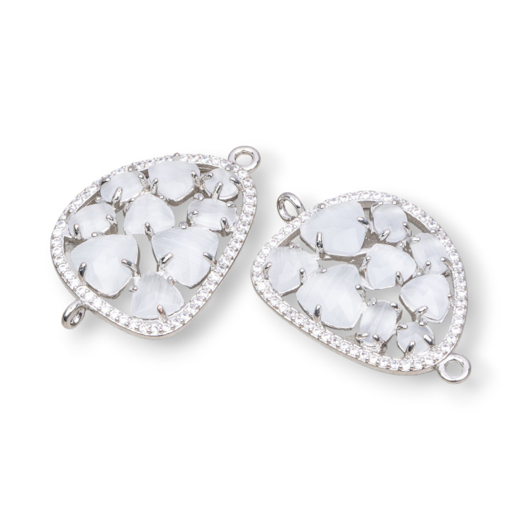 Mangue Connecteur Composant Laiton Avec Oeil De Chat Et Zircons Intégrés 23x35mm 4pcs Plaqué Rhodium Blanc
