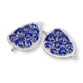 Mangue Connecteur Composant Laiton Avec Oeil De Chat Et Zircons Intégrés 23x35mm 4pcs Plaqué Rhodium Bleu Transparent