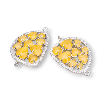 Mangue Connecteur Composant Laiton Avec Oeil De Chat Et Zircons Intégrés 23x35mm 4pcs Jaune Rhodium