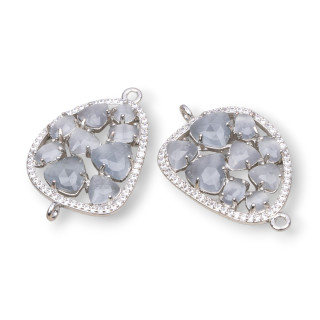 Mango Brass Component Connector with Cat's Eye Set and Zircons 23x35mm 4pcs Rhodium Plated Gray