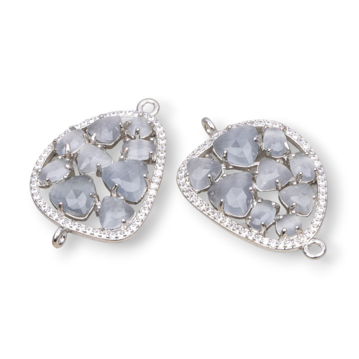 Mangue Connecteur Composant Laiton Avec Oeil De Chat Et Zircons Intégrés 23x35mm 4pcs Plaqué Rhodium Gris