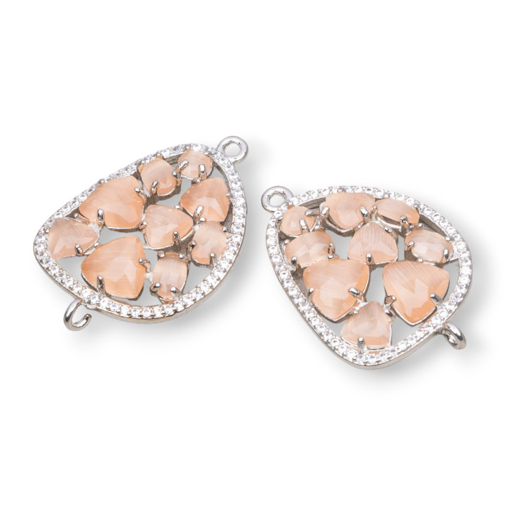 Mango Brass Component Connector with Cat's Eye Set and Zircons 23x35mm 4pcs Rhodium Plated Peach