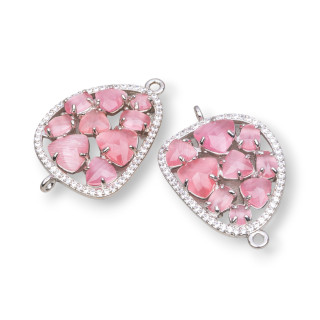 Connettore Componente Di Ottone A Mango Con Occhio Di Gatto Incastonato E Zirconi 23x35mm 4pz Rodiato Rosa Intenso