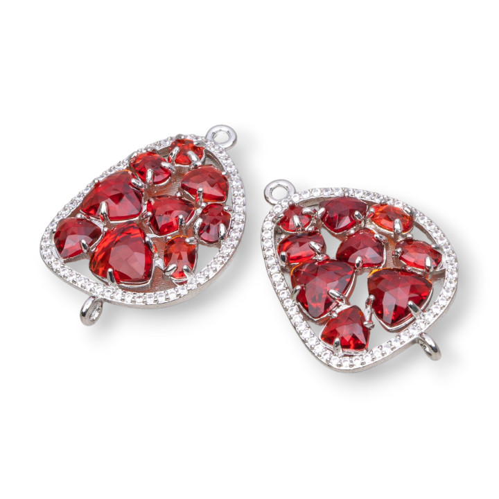 Connettore Componente Di Ottone A Mango Con Occhio Di Gatto Incastonato E Zirconi 23x35mm 4pz Rodiato Rosso