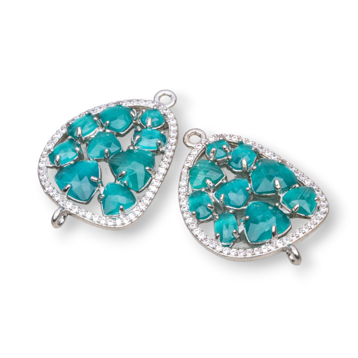 Mango Brass Component Connector with Cat's Eye Set and Zircons 23x35mm 4pcs Rhodium Plated Emerald Green