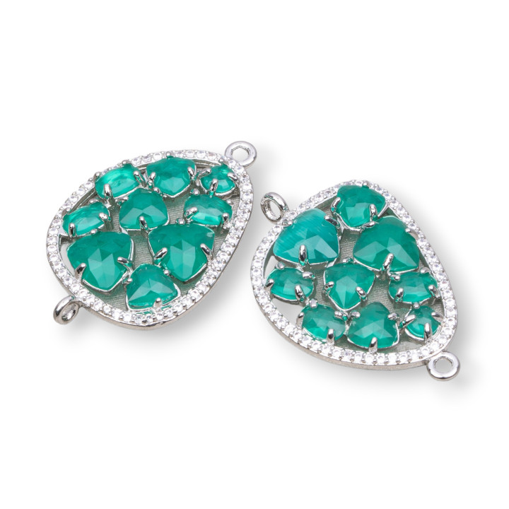 Mangue Connecteur Composant Laiton Avec Oeil De Chat Et Zircons Intégrés 23x35mm 4pcs Plaqué Rhodium Vert Transparent
