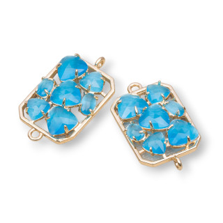 Connettore Componente Di Ottone a Rettangolo Con Occhio Di Gatto Incastonato 17x24mm 6pz Dorato Azzurro