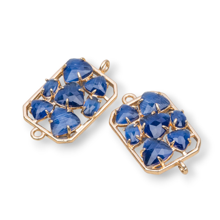Brass Component Connector Rectangle with Cat's Eye Embedded 17x24mm 6pcs Golden Sapphire Blue