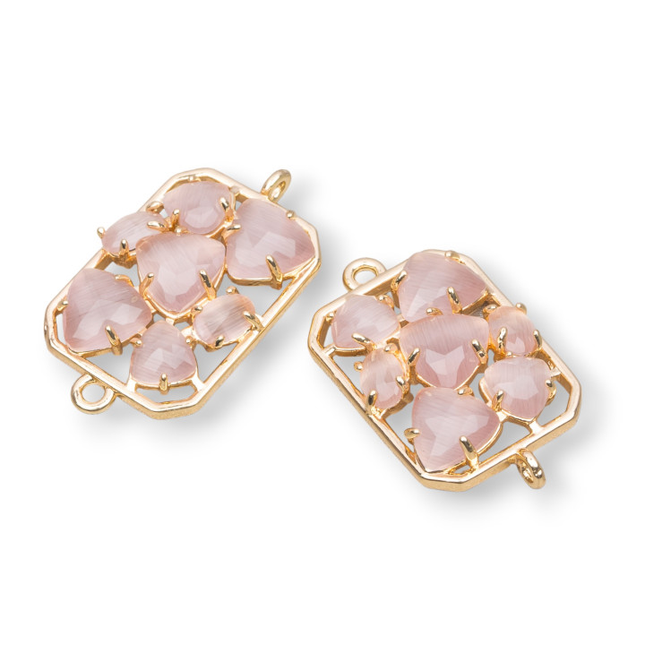 Connettore Componente Di Ottone a Rettangolo Con Occhio Di Gatto Incastonato 17x24mm 6pz Dorato Cipria