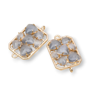Connettore Componente Di Ottone a Rettangolo Con Occhio Di Gatto Incastonato 17x24mm 6pz Dorato Grigio