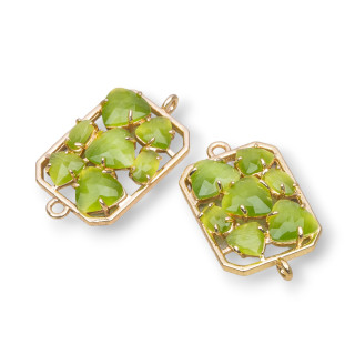 Rectangle Brass Component Connector with Embedded Cat's Eye 17x24mm 6pcs Golden Acid Green
